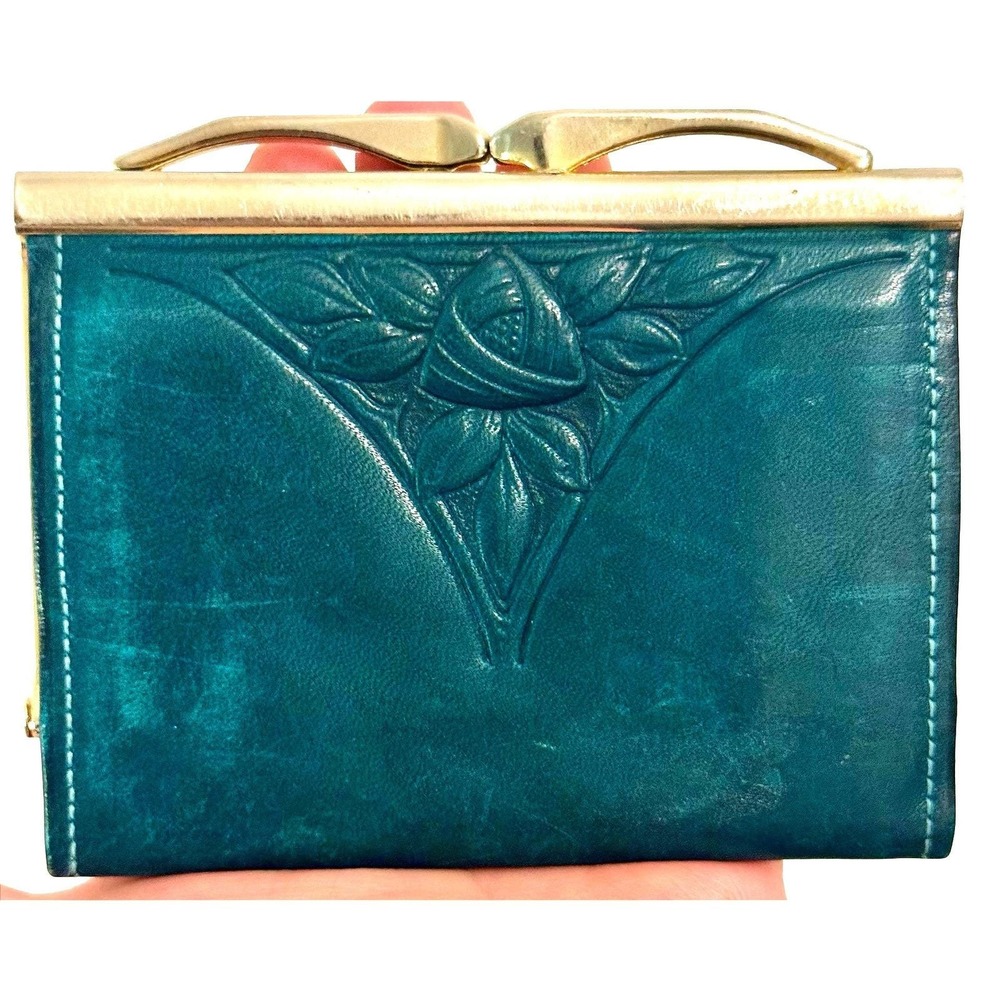 Vintage ROLFS 70s Teal Tooled Leather Floral Rose Kiss Lock Coin Purse Wallet